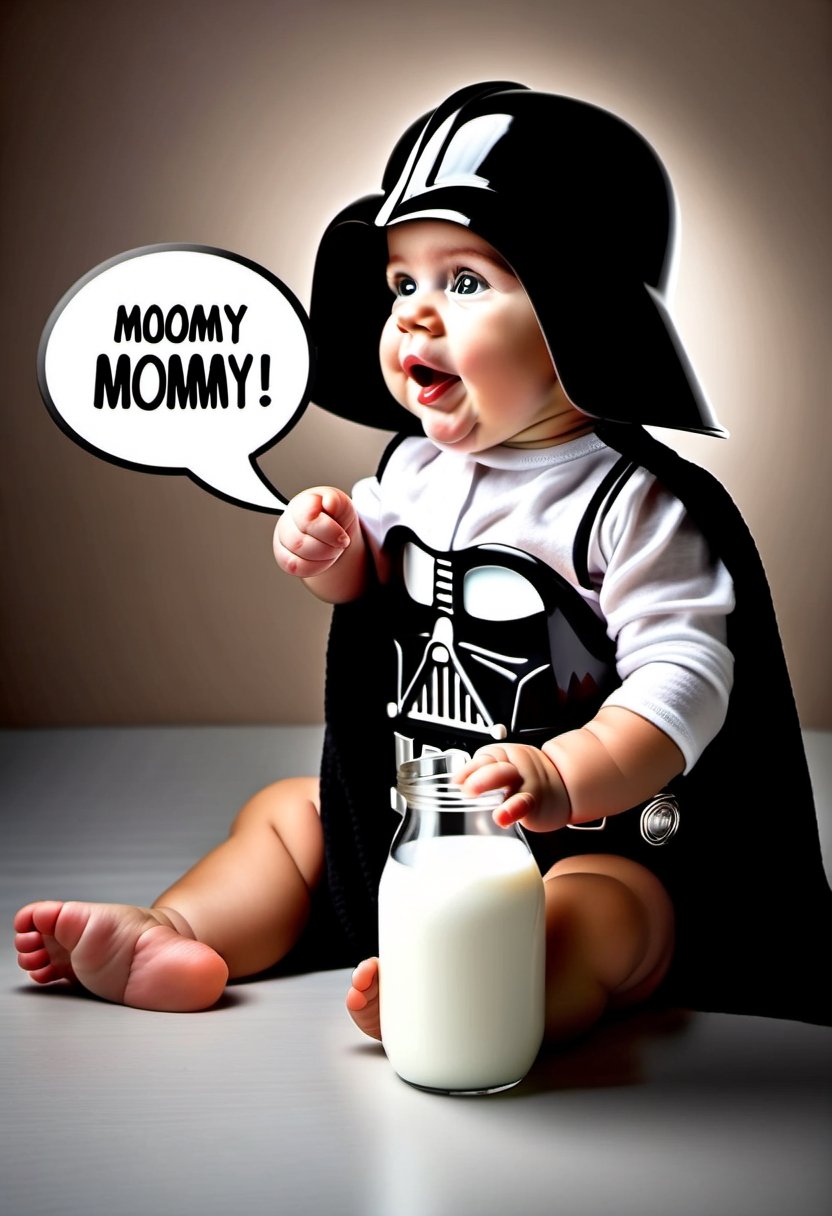 Photo of Baby wearing Darth Vader Helmet, sucking on a bottle of milk,  Speech bubble spells the word "MOMMY". 