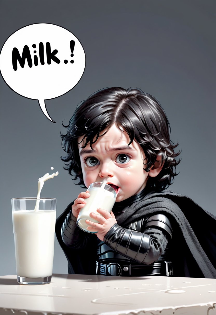 Baby Kylo Ren, drinking milk ,  Comic strip speech bubble "MILK!". 