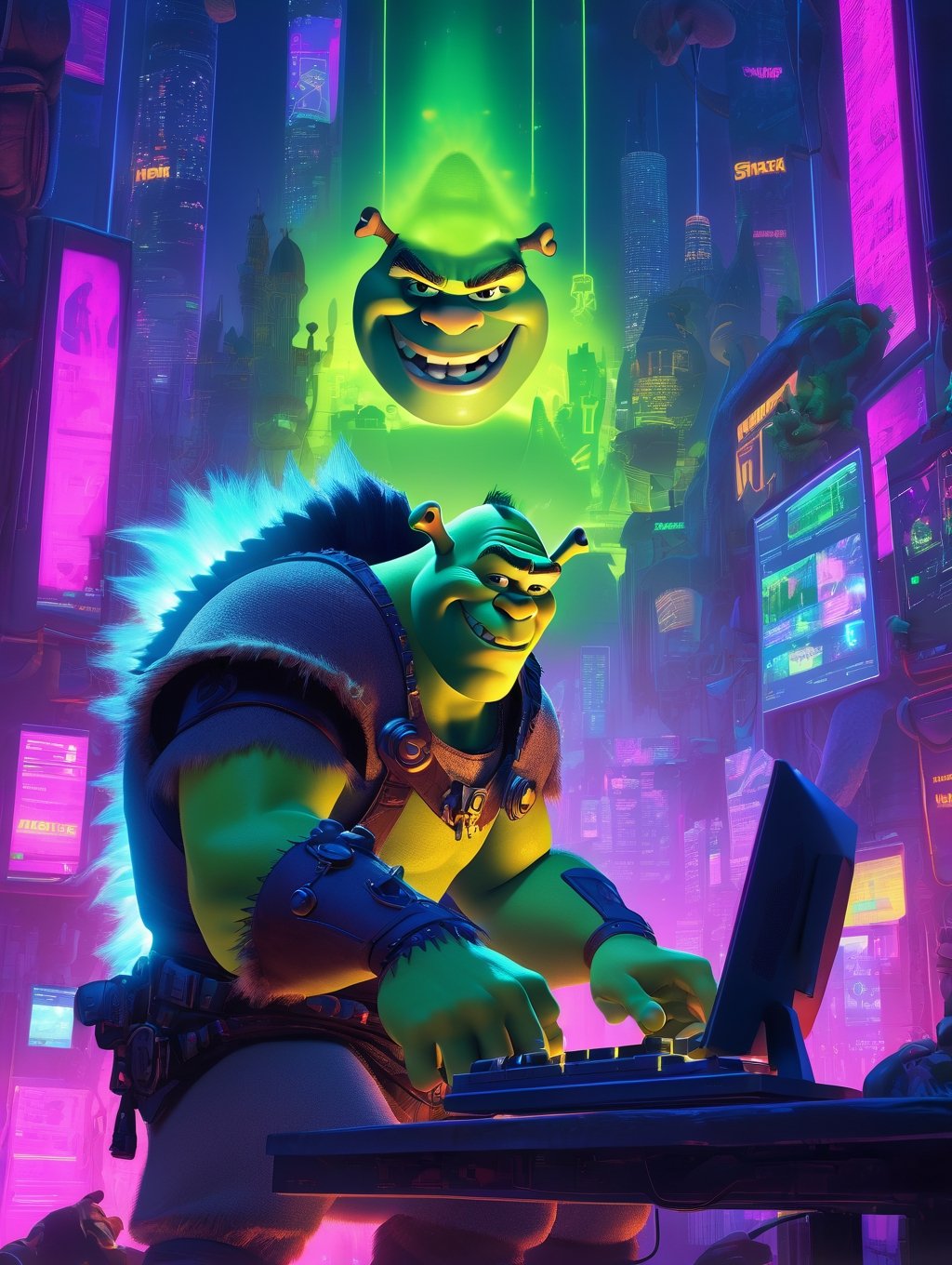 Shrek hacking on a computer, glowing screen. Large window, cyberpunk cityscape.   DreamWorks Animation ,cyberpunk style