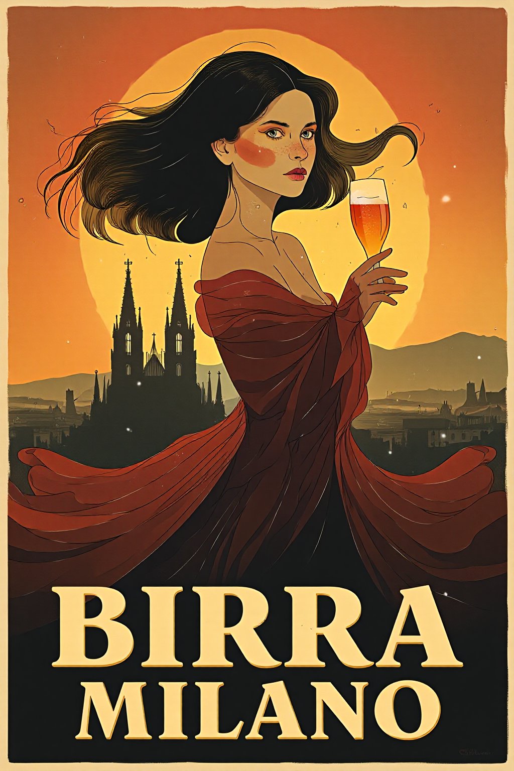 dreamy art. vintage advertisement for 'Birra Milano.' The poster features a dark-haired woman with flowing hair, wrapped in a flowing, ethereal gown. She holds a tall glass of beer with elegance. The background showcases a silhouette of the iconic Milan Cathedral at sunset, with a warm orange and golden sky fading into darker tones. The large, bold text at the bottom reads 'BIRRA MILANO' in a classic font, complementing the overall artistic and elegant aesthetic of the poster.