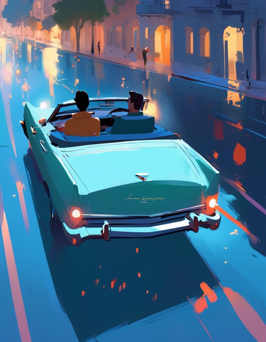 Couple crusing in a convertible, art by Pascal Campion, art by Atey Ghailan, art by Joelle Jones style