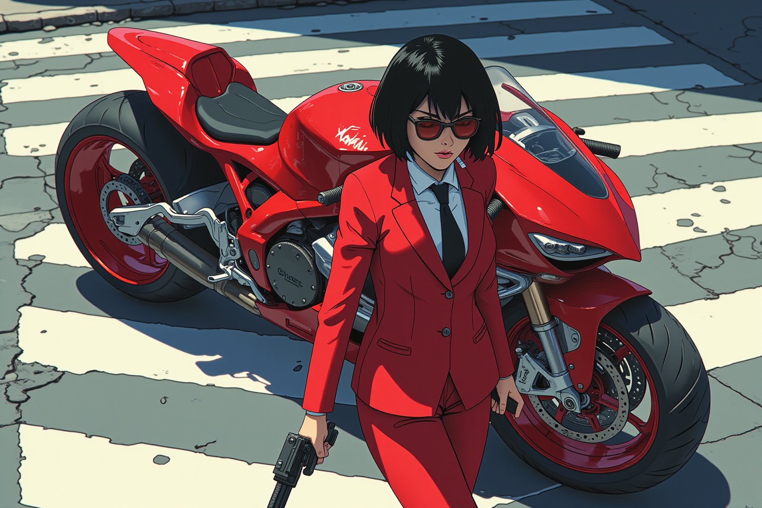 Anime style. Overhead shot of a woman walking away from a futuristic motorcycle parked at a zebra crossing. The woman has short black bob hair, is smoking. She wear a red business suit, white shirt, black tie, and sunglasses. She holds a gun with a confident grip. The motorcycle itself is red, sleek and metallic, with intricate designs and a futuristic vibe.