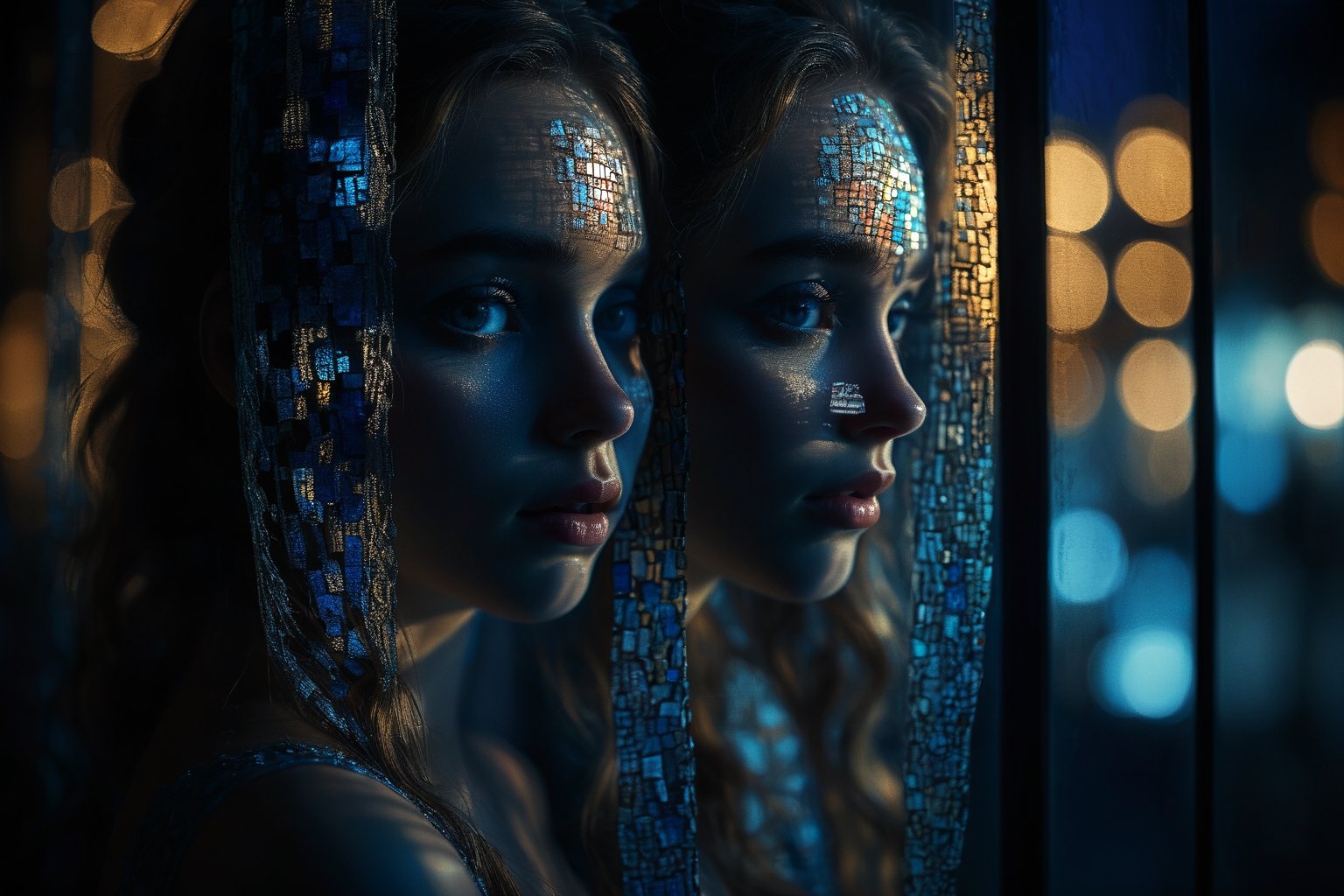 cinematic film still of   A silhouette photo of a mosaic princess looking at camera in a dark street at blue night with her face casting window curtain shadow style, shallow depth of field, vignette, highly detailed, high budget, bokeh, cinemascope, moody, epic, gorgeous, film grain, grainy