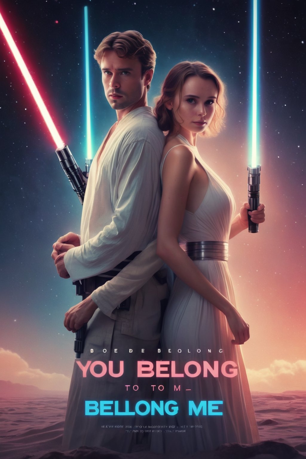 Movie Poster "You belong to me", lightsaber, honeymoon style,  8k,  cinematic,  bright light. text logo "You belong to me"