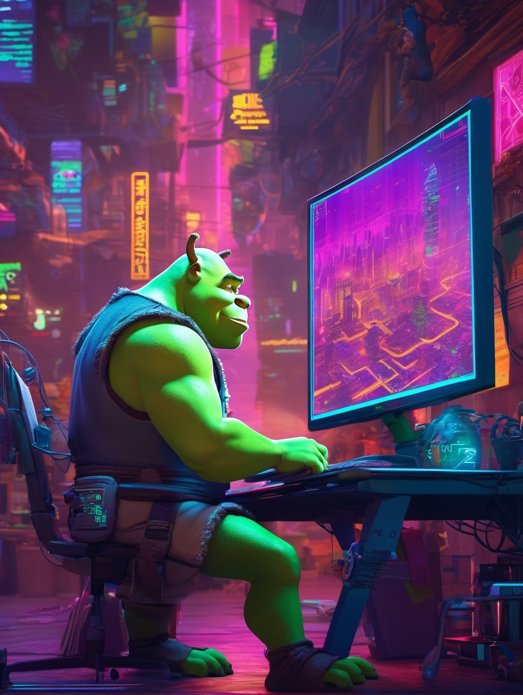 Shrek hacking on a computer, glowing screen. Large window, cyberpunk cityscape.   DreamWorks Animation ,cyberpunk