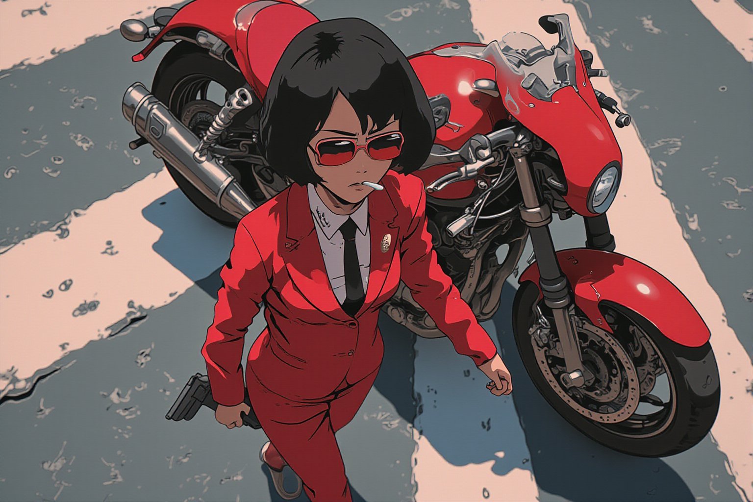 Anime style. Overhead shot of an Asian woman walking away from a futuristic motorcycle parked at a zebra crossing. The woman has bob hair, is smoking. She wear a red business suit, white shirt, black tie, and sunglasses. She holds a gun with a confident grip. The motorcycle itself is red, sleek and metallic, with intricate designs and a futuristic vibe.