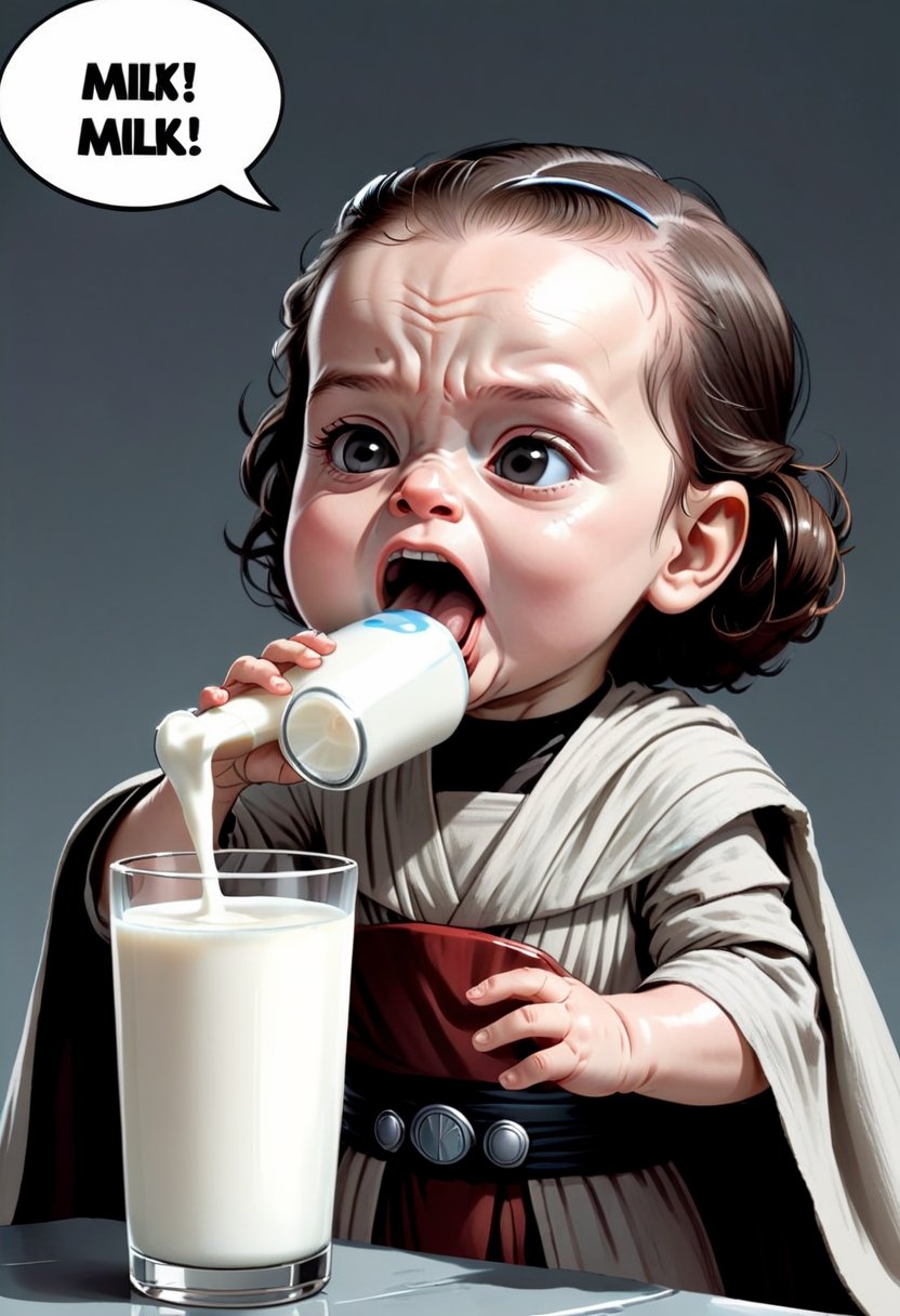 Baby Rey Palpatine drinking milk ,  Comic strip speech bubble "MILK!". 