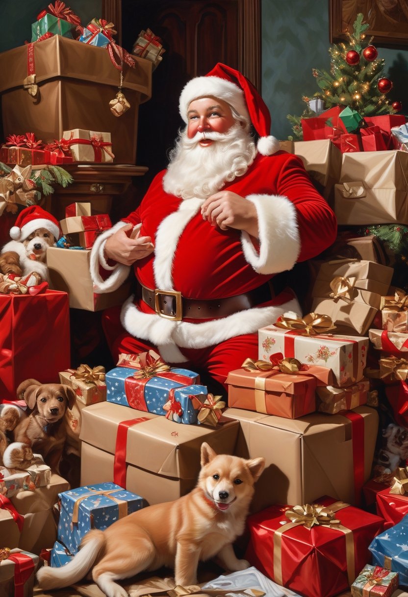 Photo a Santa Claus as Amazon delivery driver, pile of toys behind him, art by J.C. Leyendecker, Canon 5d Mark 4, Kodak Ektar