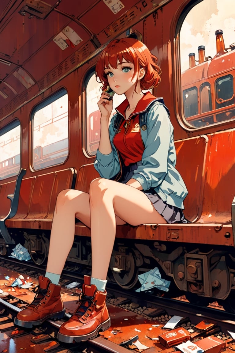 anime artwork, Girl, sitting on train, red interior, rust, garbage on the floor, broken bottles, art by J.C. Leyendecker . anime style, key visual, vibrant, studio anime, highly detailed