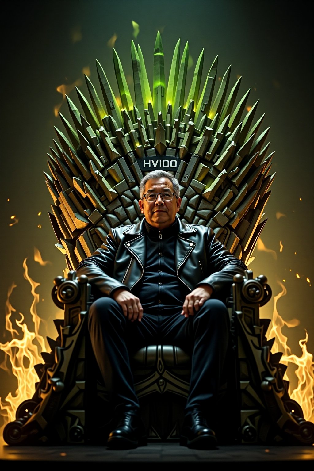 In a clever and humorous parody of Game of Thrones, The throne is a towering, intricate gaming computer , witht the word "H100" written on it.  Around it are stack of  NVIDIA GPUs, all ablaze with flickering green and yellow flames, symbolizing the power and intensity of cutting-edge technology. Sitting confidently on this throne is Jensen Huang, a short, 50-year-old Asian man with glasses, graying hair, and his signature black leather jacket. His posture is relaxed but commanding, embodying the cool authority of a tech titan. The flames from the GPUs cast dynamic, glowing reflections off his glasses and jacket, emphasizing his central role in this tech-empire parody. The overall image blends the epic, regal atmosphere of Game of Thrones with a modern twist, paying homage to both the fantasy series and the world of high-performance computing.