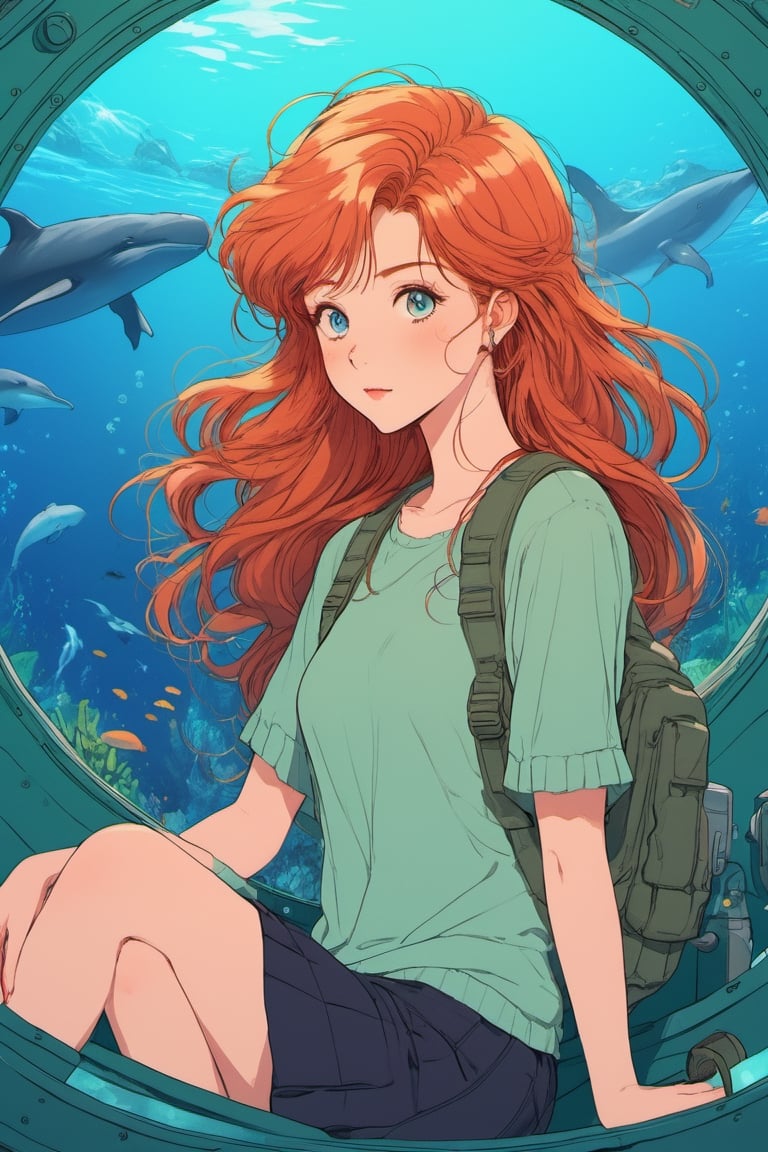 anime artwork, Woman, ginger hair, sitting beside a large port hole, inside a submarine, underwater scene, whales, anime style, key visual, vibrant, studio anime, highly detailed