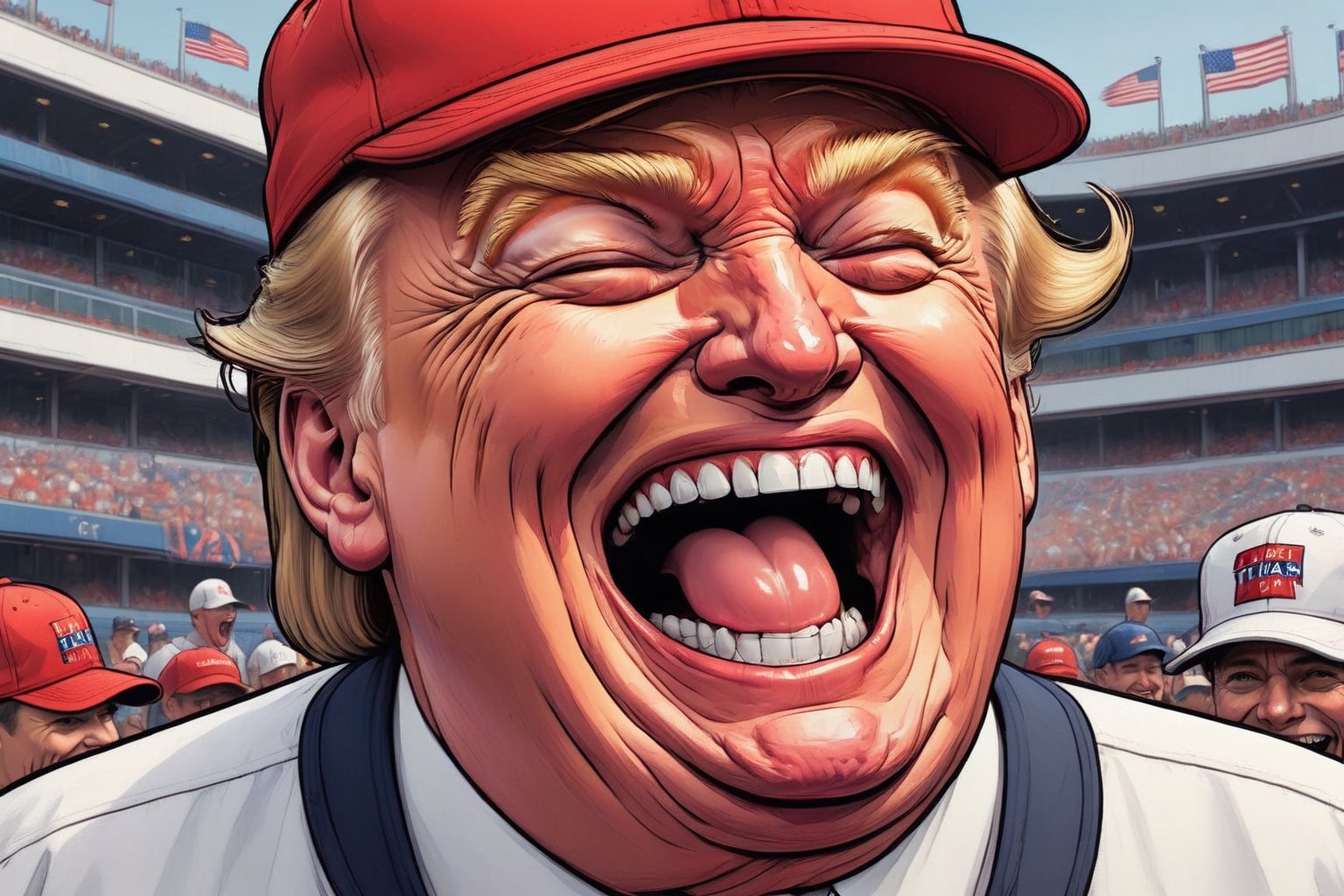 Close up of Donald Trump laughing with his mouth open, wearing MAGA baseball cap