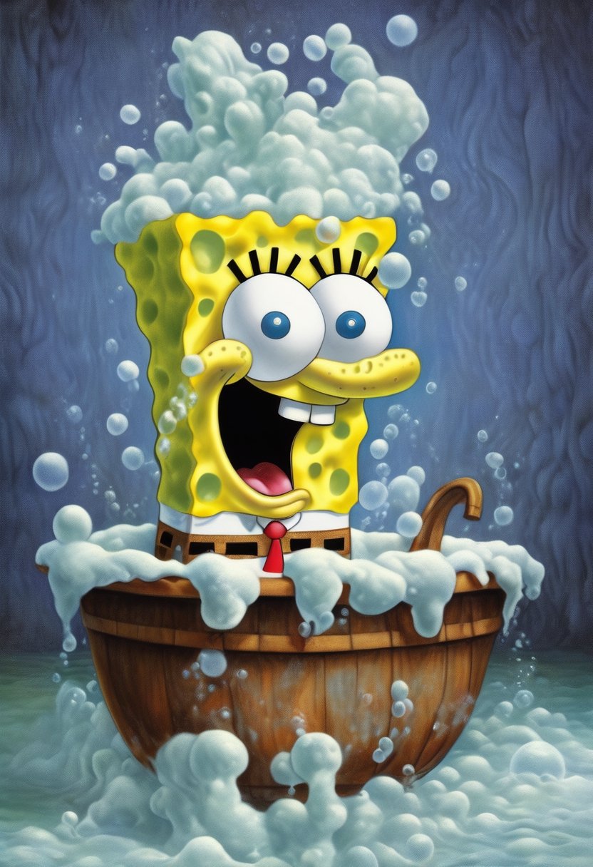 Photo of SpongeBob SquarePants, made out of bath foam, bubble bath , Victorian bath tub, art by Escher