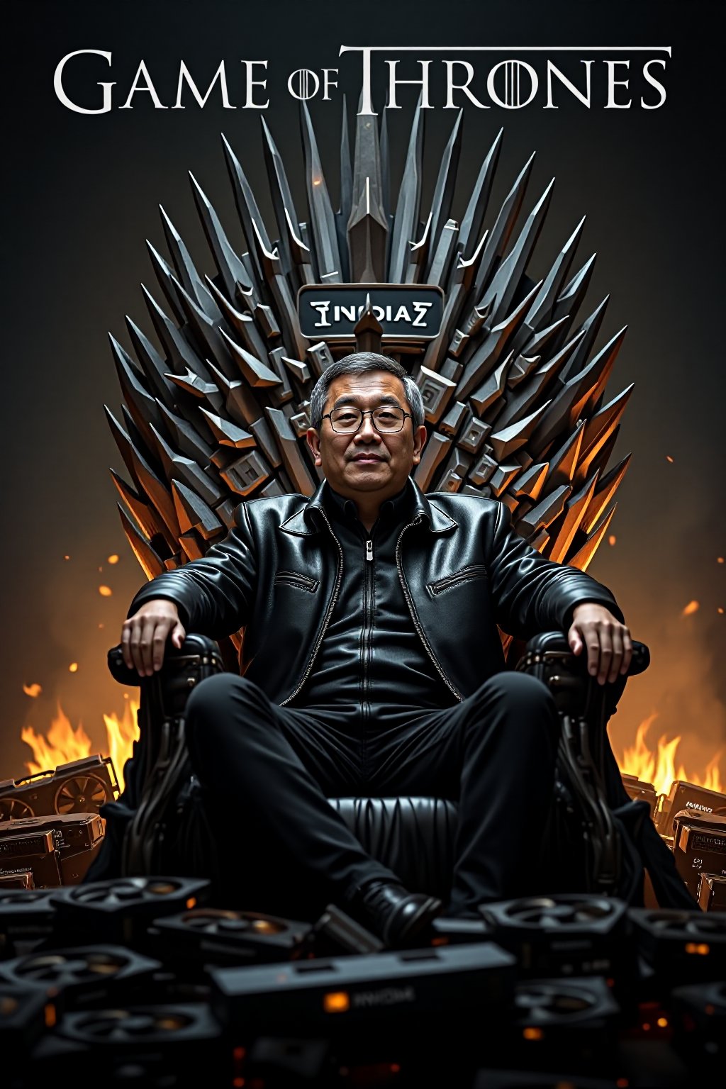 A Game of Thrones parody poster titled "GPU of Thrones". The throne is a towering, intricate gaming computer , witht the word "NVIDIA H100" written on it.  Surround it are piles of NVIDIA GPUs, Sitting confidently on this throne is Jensen Huang, a short, 50-year-old Asian man with glasses, graying hair, and his signature black leather jacket. His posture is relaxed but commanding, embodying the cool authority of a tech titan. The flames from the GPUs cast dynamic, glowing reflections off his glasses and jacket, emphasizing his central role in this tech-empire parody. 