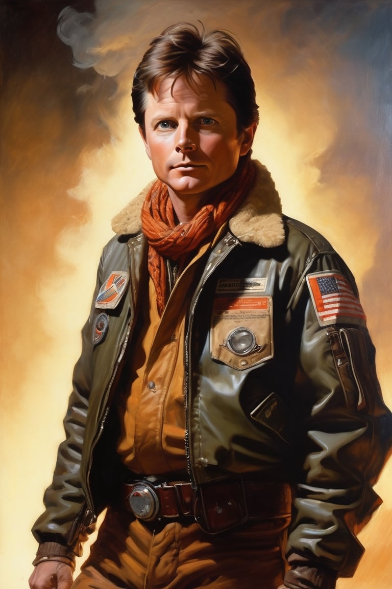 (portrait of Michael J Fox wearing old futuristic flight jacket, scars, scrap metal, radio, scarf, 1970s), in the style of Frank Frazetta, Arther Rackham, Dean Cornwell, pulp, volumetric lighting, dramatic lighting, pulp science fiction, black, smoke, belt, backpack, warm colors