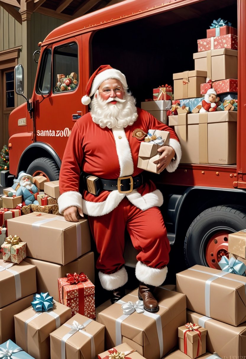 Photo a Santa Claus as Amazon Delivery truck driver, pile of toys behind him, art by J.C. Leyendecker, Canon 5d Mark 4, Kodak Ektar