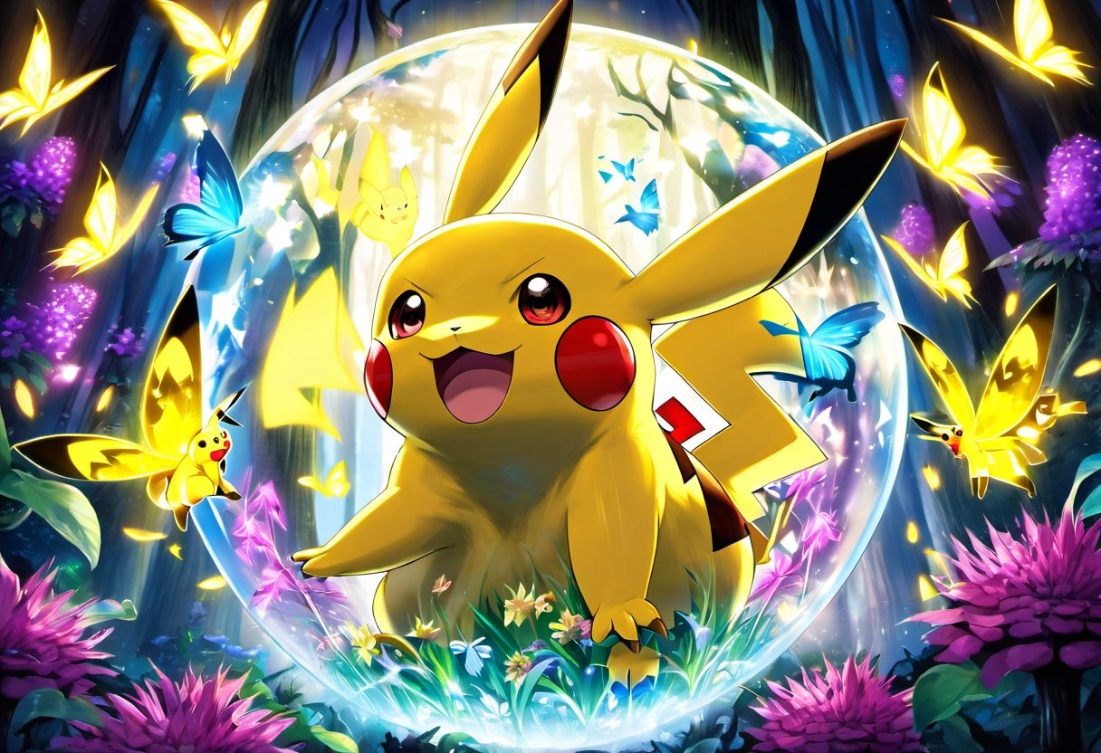 Pikachu is lost in an enchanted forest. Surrounded by glowing butterflies and mystical flowers, she discovers a magical sphere