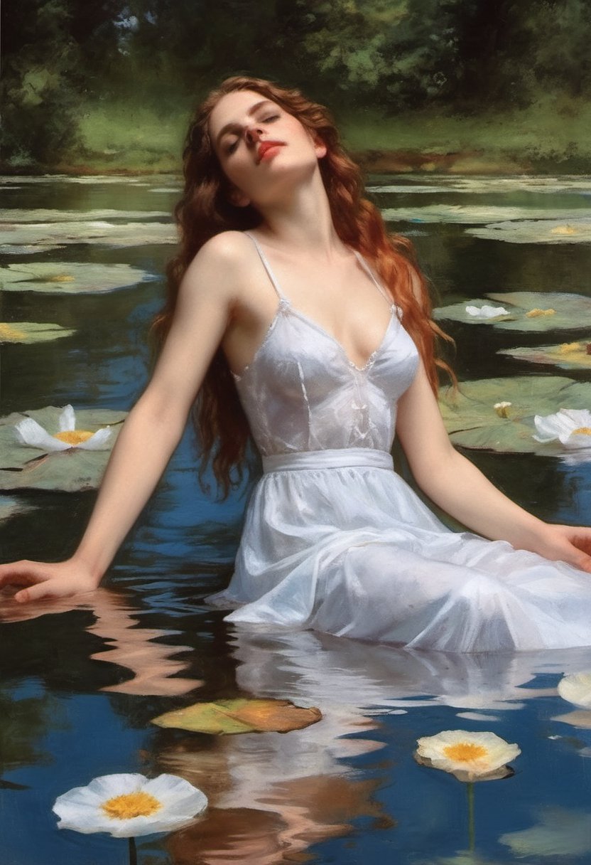 best quality,  extremely detailed,  HD,  8k, oil painting, girl floating on surface, ((the flower lake)), (sexy wet top and skirt made of water) , ((sexy and wet)), top view, closeup, face up, (holy:1.25), dreamwave, (aesthetic:1.25), abstract (sharp:1.1), close eyes, art by sargent, naked shoulder, semi nude,ink scenery,oil painting