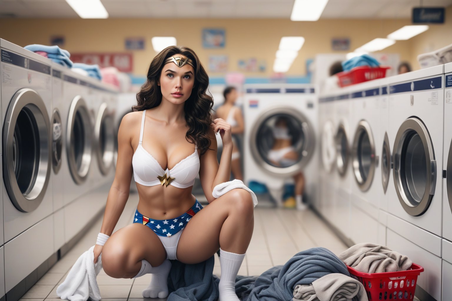 Photo of Wonder Woman, wearing white bras and  underwear and socks, waiting for her laundry to be done at a Laundromat.  The background have people talking and tending to their laundry.