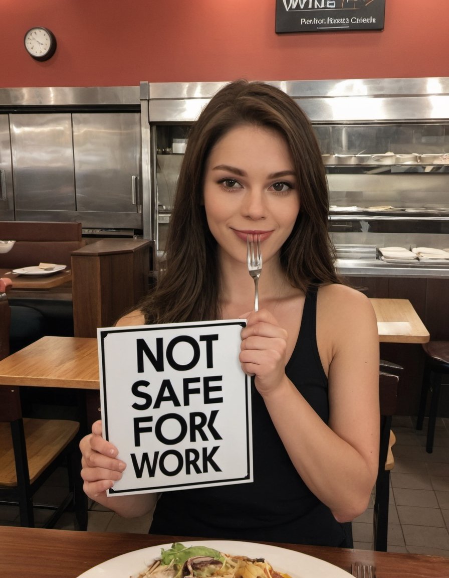 award winning photo, beautiful woman at a restaurant, holding a sign that says "NOT SAFE FORK WORK"