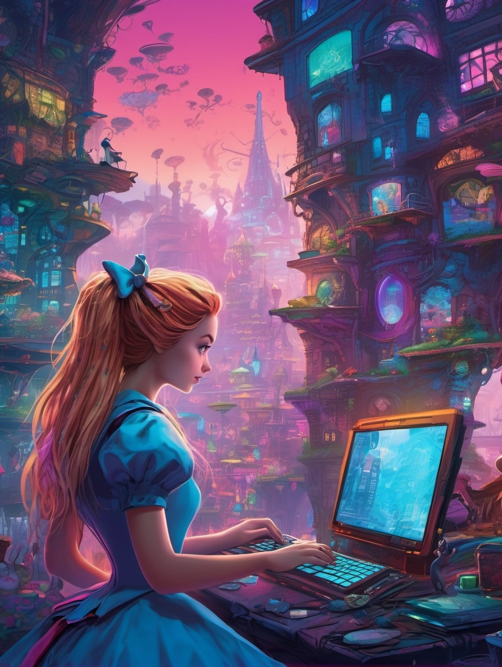 Disney Alice in Wonderland, hacking on a computer. Large window, cyberpunk cityscape.  