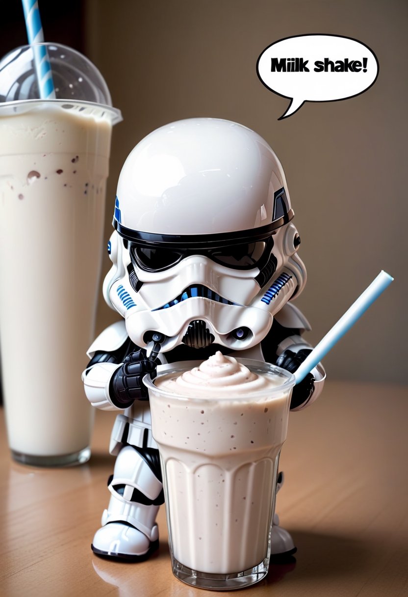 Baby Stormtrooper from Star Wars, drinking milk shake from straw,  Comic strip speech bubble says "MILK SHAKE". 