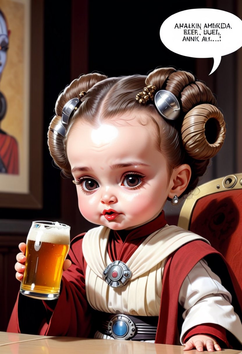 Baby Queen Amidala, drinking beer ,  Comic strip speech bubble "Anakin!". 