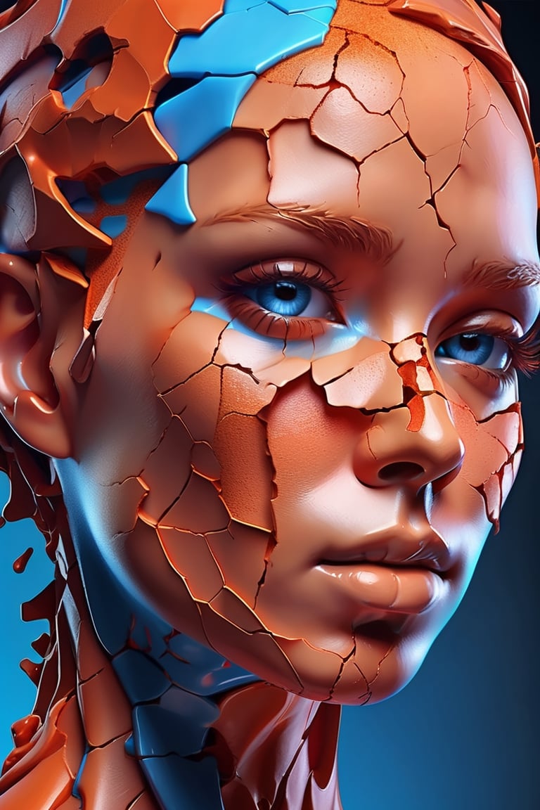 a close up of a person's face on a cracked surface, inspired by Alberto Seveso, featured on zbrush central, orange fire/blue ice duality!, portrait of an android, fractal human silhouette, red realistic 3 d render, blue and orange, subject made of cracked clay, woman, made of lava