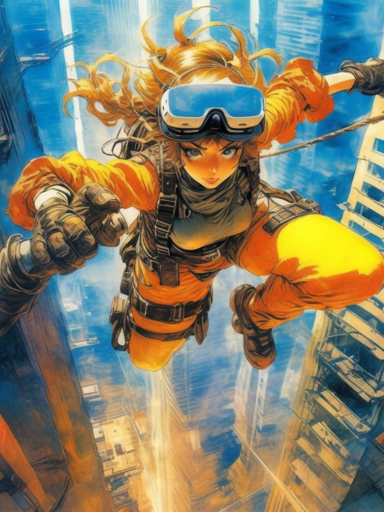 Anime artwork,  woman, wearing VR headset  rappelling down a skyscraper,  art by Masamune Shirow