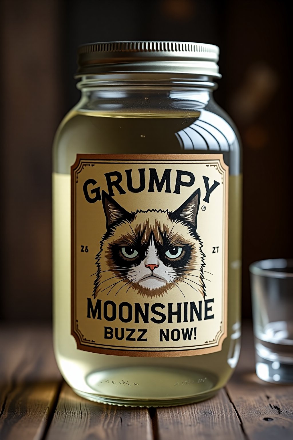 Design a quirky and humorous moonshine jar featuring the famous Grumpy Cat on the label. The glass jar is classic in shape, filled with clear moonshine, and has an old-fashioned, rustic aesthetic. The label prominently shows a grumpy illustration of Grumpy Cat, frowning intensely, with the text 'Grumpy Moonshine' at the top and 'Buzz Now!' in bold letters below. The label design blends vintage style with a modern, comedic twist, using muted colors and distressed fonts to give the bottle an authentic yet playful feel. The jar sits on a wooden surface, perhaps with a shot glass next to it, creating a setting that feels homey yet edgy, in line with the moonshine theme