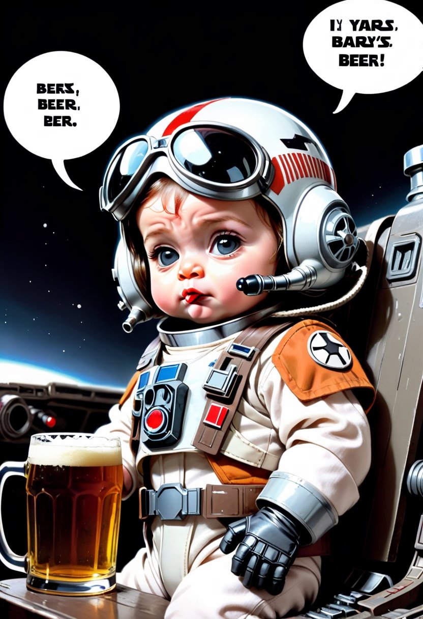 Baby Rebel X-Wing Pilot from Star Wars, drinking beer,  Comic strip speech bubble says "BEER". 