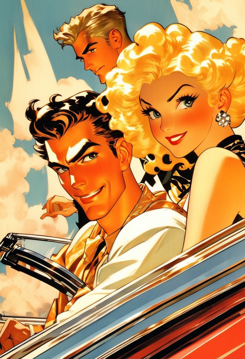 Anime artwork. Couple crusing in a convertible,  art by J.C. Leyendecker, anime style, key visual, vibrant, studio anime,  highly detailed