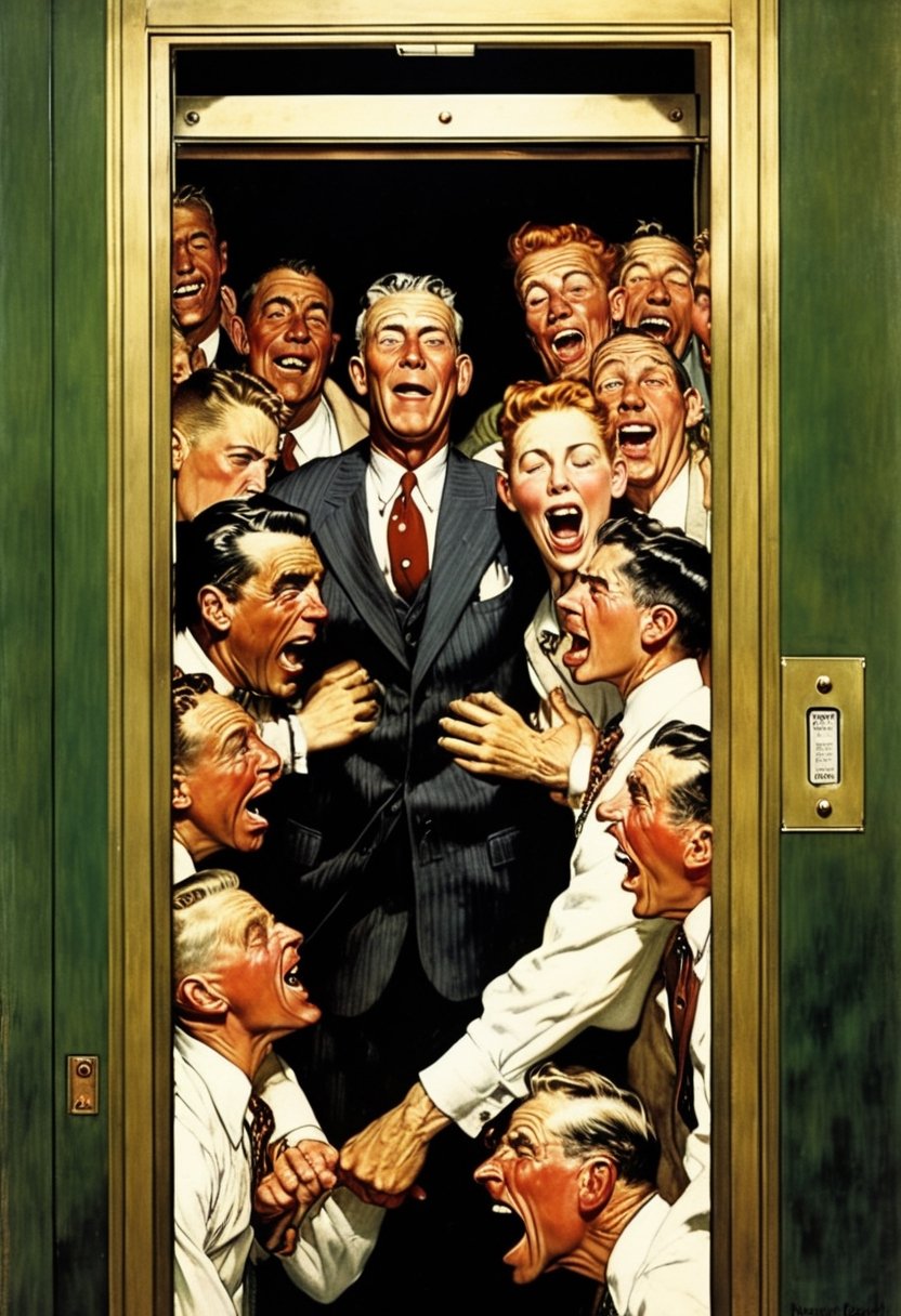 Interior of an elevator. A businessman, akimbo, joyfully & proudly farting on a crowded elevator as others wretch, grimace, and cover their noses, Norman Rockwell painting