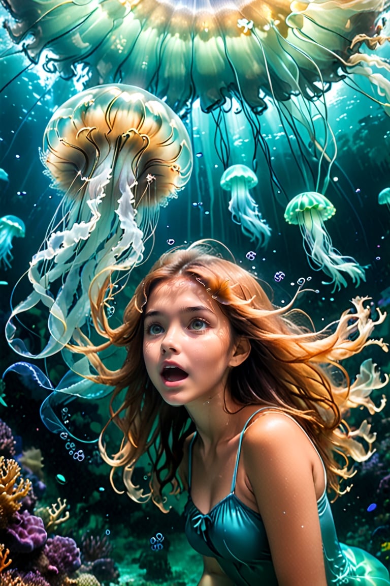 through the transparent barrier of an underwater observation pod, a terrified young girl gazes wide-eyed at the colossal figure of a Lion’s Mane Jellyfish. The glass wall magnifies the immense Jellyfish's size, highlighting its tentacles and baggy fluid-like body and vibrant bioluminescence colors. The girl's fear is palpable, her small frame contrasted against the overwhelming might of the ancient creature outside. The underwater scene is enveloped in an eerie blue-green glow, illuminated by the pod's artificial lighting. This tense and dramatic moment is captured as a hauntingly realistic photograph, taken with a telephoto lens that captures both the intricate details of the Lion’s Mane Jellyfish features and the raw emotion etched across the girl's face.