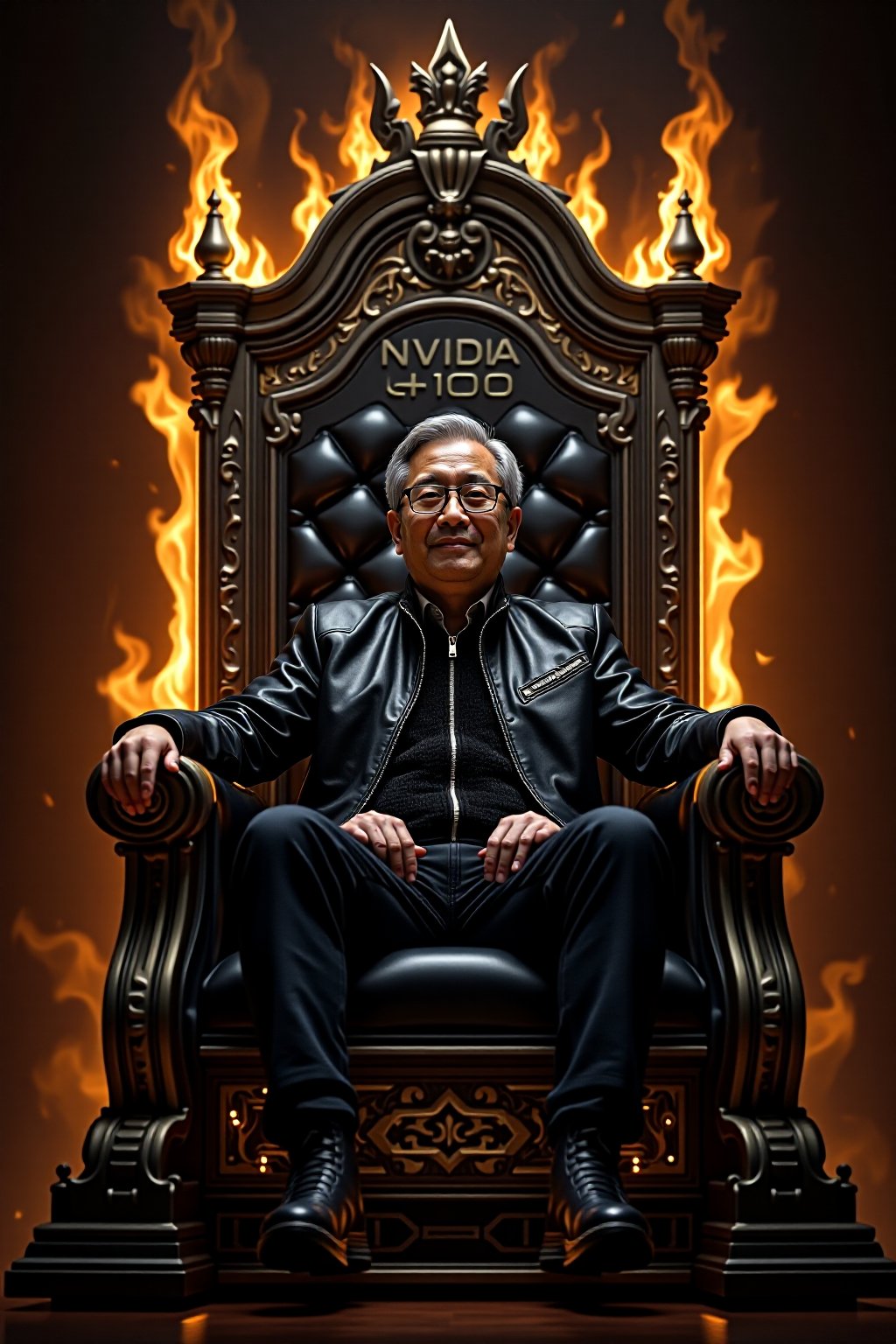 The throne is a towering, intricate gaming computer , witht the word "NVIDIA H100" written on it.  Under it are stack of  NVIDIA GPUs, Sitting confidently on this throne is Jensen Huang, a short, 50-year-old Asian man with glasses, graying hair, and his signature black leather jacket. His posture is relaxed but commanding, embodying the cool authority of a tech titan. The flames from the GPUs cast dynamic, glowing reflections off his glasses and jacket, emphasizing his central role in this tech-empire parody. 