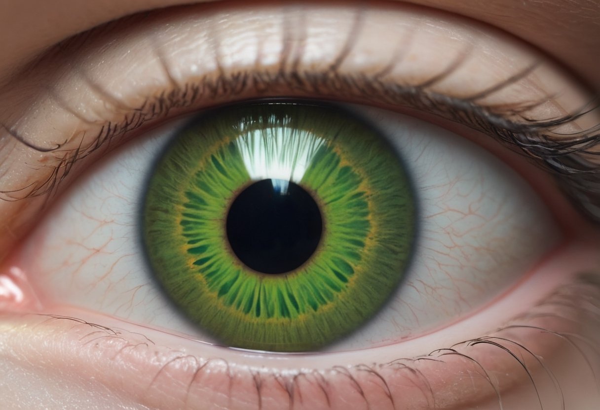 Close shot of a green eye with an dilated pupil