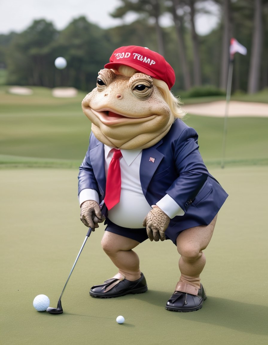 Toad Donald Trump playing golf, blonde hair, wearing Maga hat.