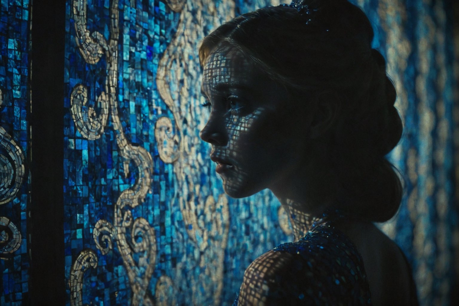 cinematic film still of   A silhouette photo of a mosaic princess looking at camera in a dark street at blue night with her face casting window curtain shadow style, shallow depth of field, vignette, highly detailed, high budget, bokeh, cinemascope, moody, epic, gorgeous, film grain, grainy