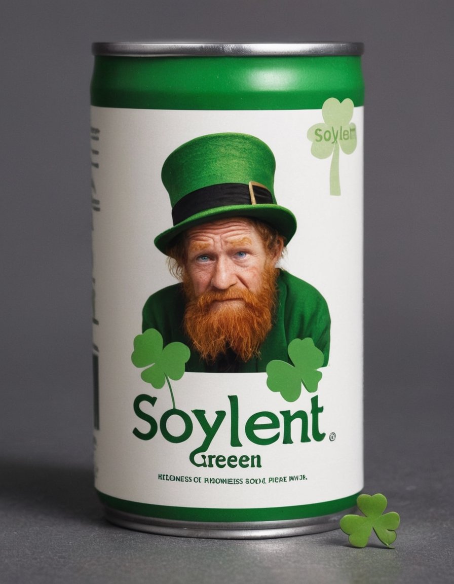 Photo of Canned Soup featuring a homeless Leprechaun with a sad expression, clutching a tiny, broken four-leaf clover. text logo "Soylent Green"