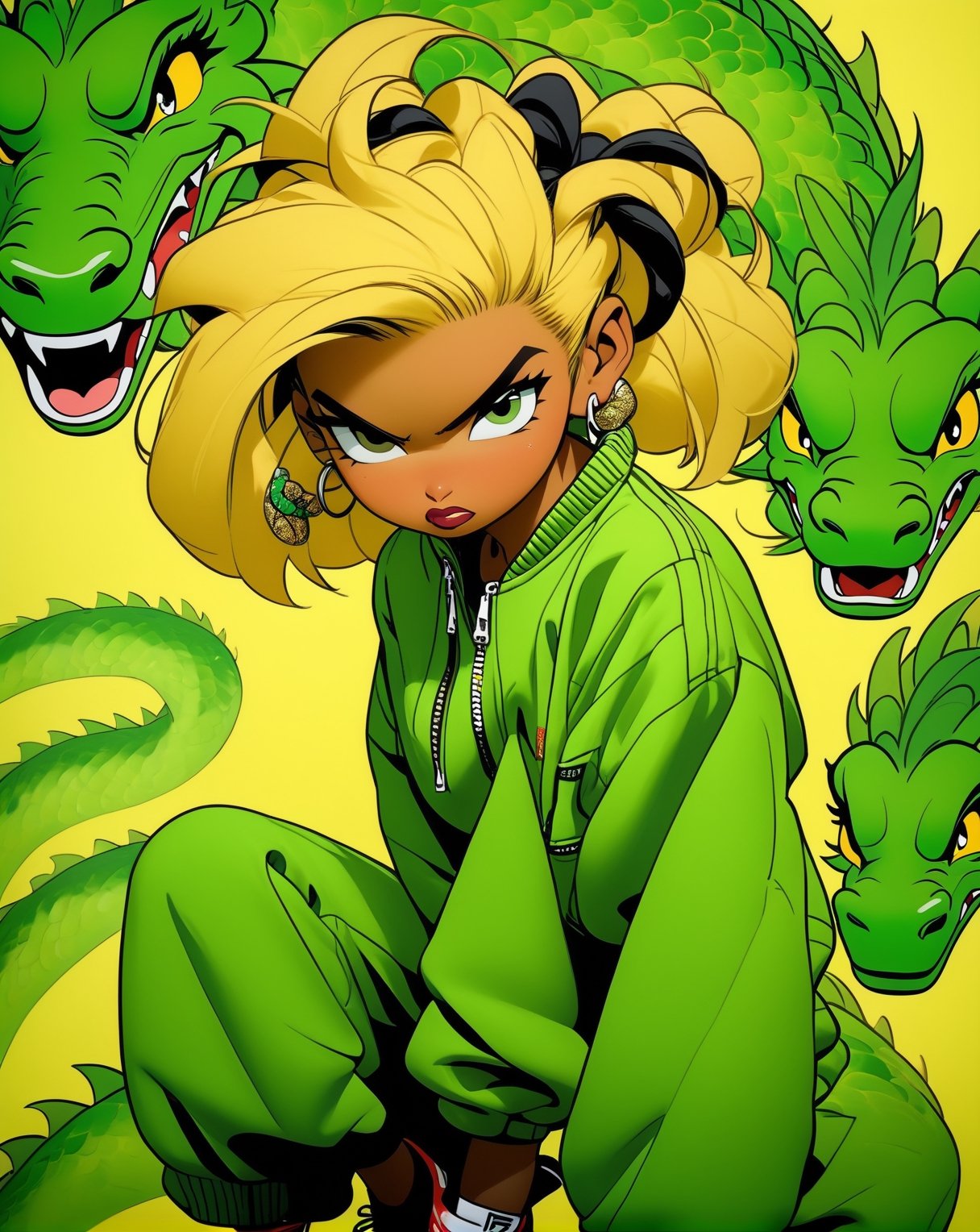 A gorgeous young girl wearing a green t-shirt, puffed bland and yellow silk jacket, black track pant, huge ear rings, human ears, short blonde hair, straight pose, standing pose, calm and style, perfect proportions, surrounded by multiple dragons, brutal dragons, dark green dragons, detailed dragon scales, in the style of Suehiro maruo, etam cru, irene sheri, punctured canvases, (Realistic), masterpiece, best quality, cinematic lighting, natural shadow, highest detail, professional photography, detailed background, insane details, intricate, aesthetic, subsurface scattering, dark tones, in the style of yellow, green and black tones    