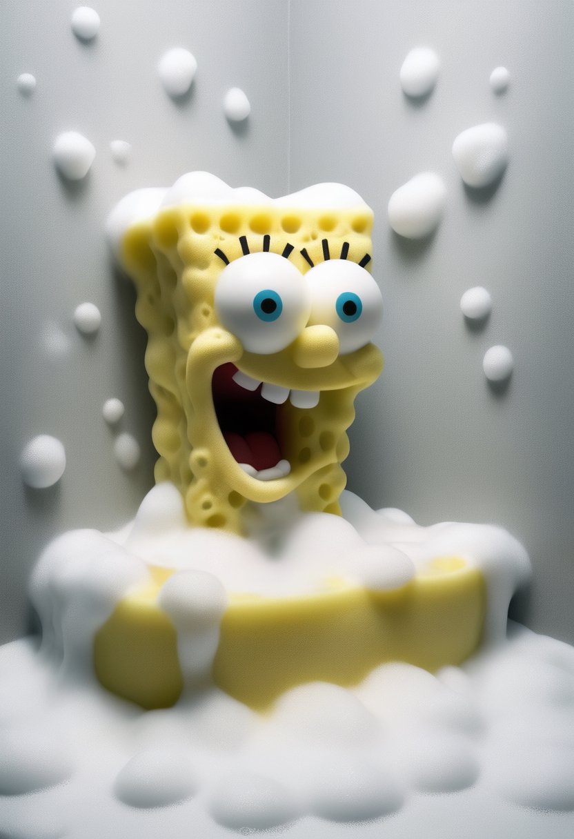 Photo of SpongeBob SquarePants, made out of bath foam, bubble bath , Victorian bath tub, art by Escher