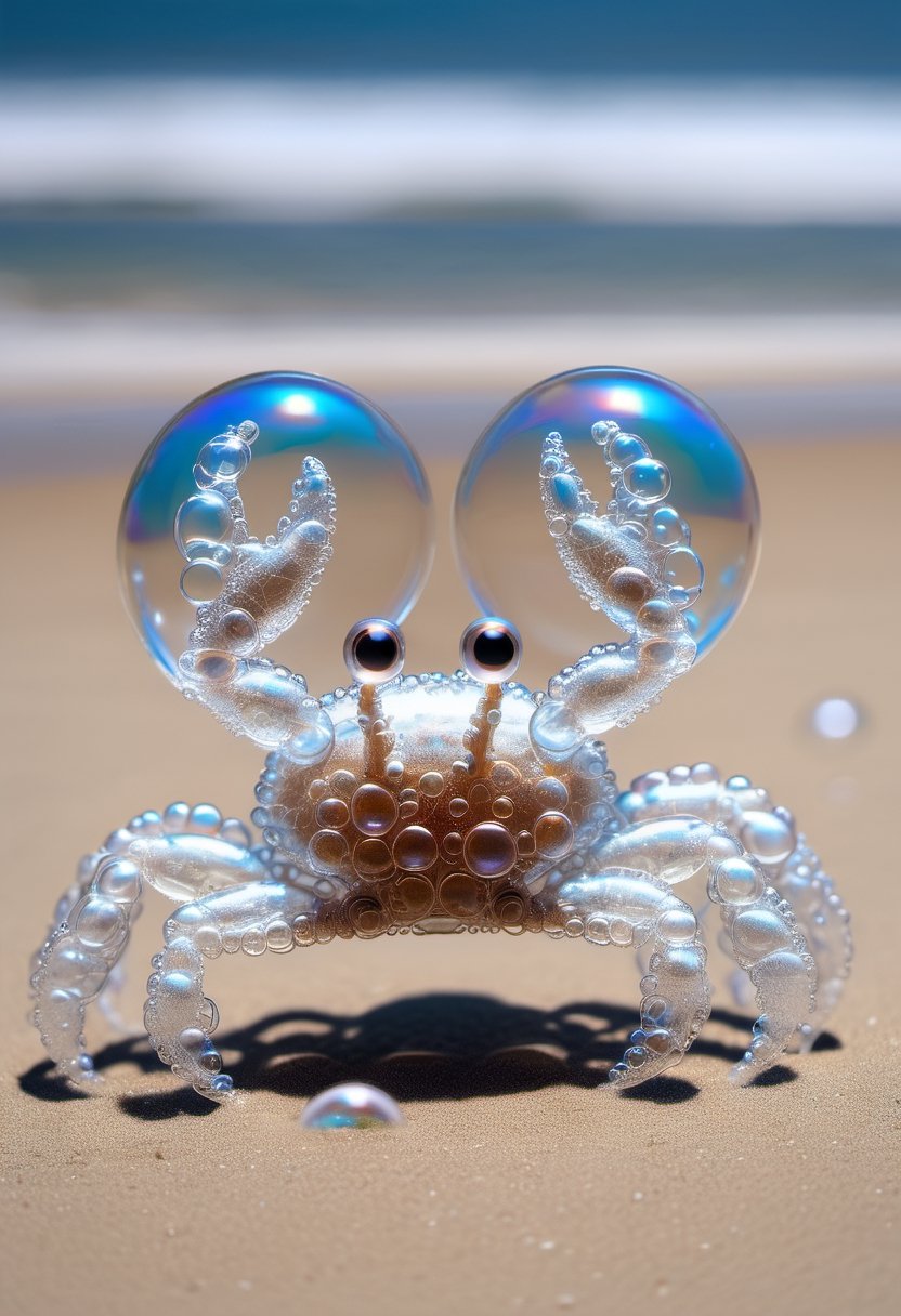 Photo of a transparent  crab made of soap bubbles, walking on beach, ocean waves in the background, highly detailed, 