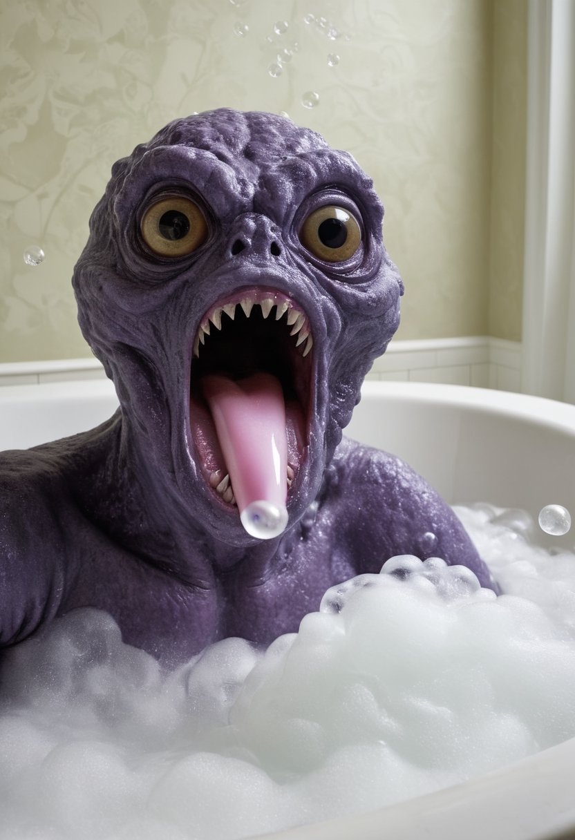 award winning documentary photograph by escher of a vivid and vibrant adorable eldritch horror monster taking a bubble bath made out of bath foam, in a victorian bathroom