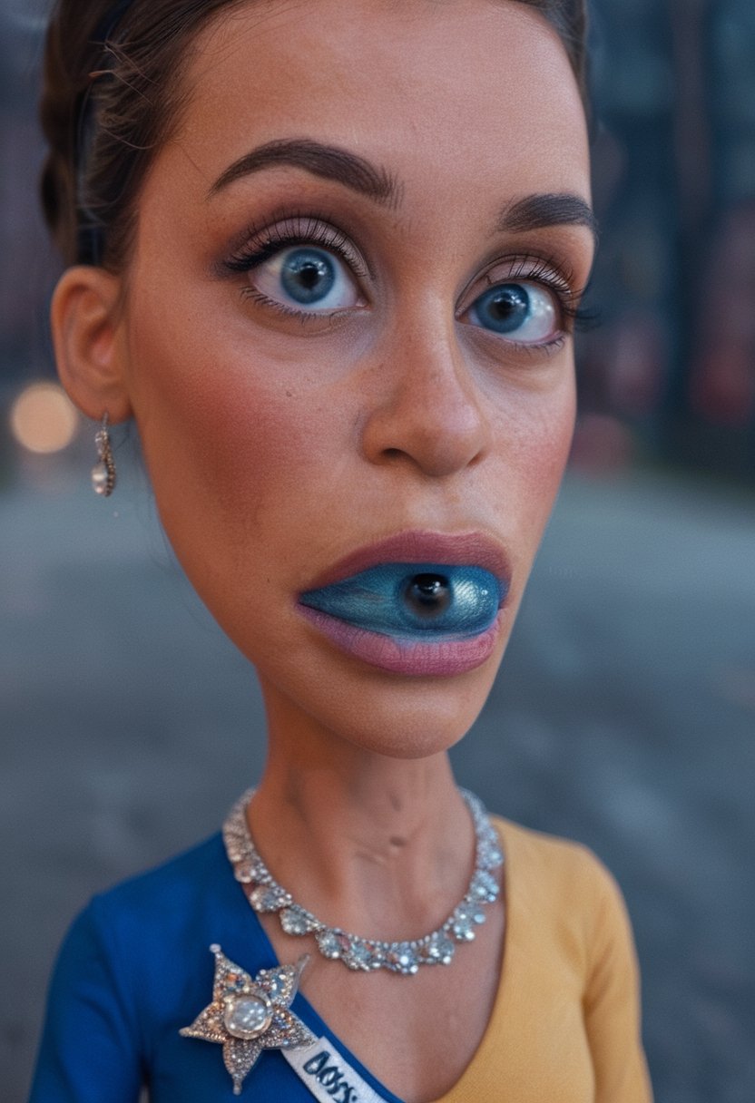 Extreme closeup photo of Miss Universe, 2024. 60s colors,  depth of field,  60s fantasy,  magical,  blue hour, big eyes