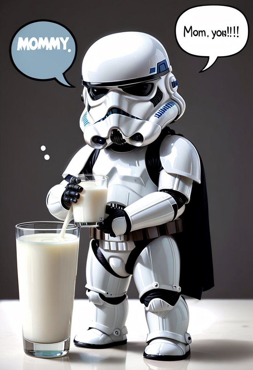 Baby Stormtrooper from Star Wars, holding glass of milk,  Comic strip speech bubble says "MOMMY". 