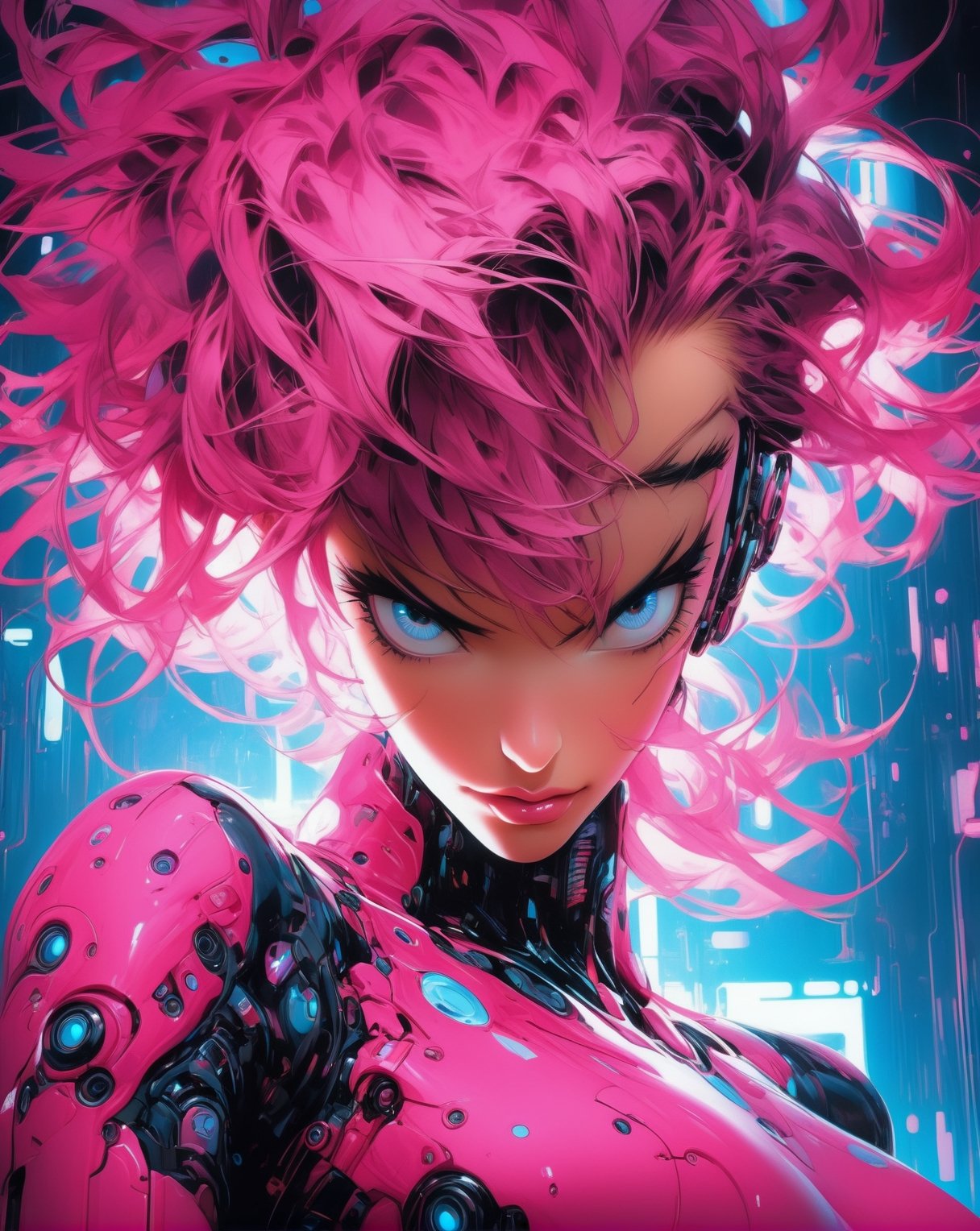 mid length of A gorgeous young European woman in pink cyberpunk suit, in mecha cyber suit, pink shiny hair, gorgeous blue eyes, straight pose, standing pose, calm and  style, perfect proportions, in the style of Suehiro maruo,  etam cru, irene sheri, punctured canvases, (Realistic), masterpiece, best quality, cinematic lighting, natural shadow, highest detail, professional photography, detailed background, insane details, intricate, aesthetic, subsurface scattering, dark tones, in the style of pink, yellow and black tones       