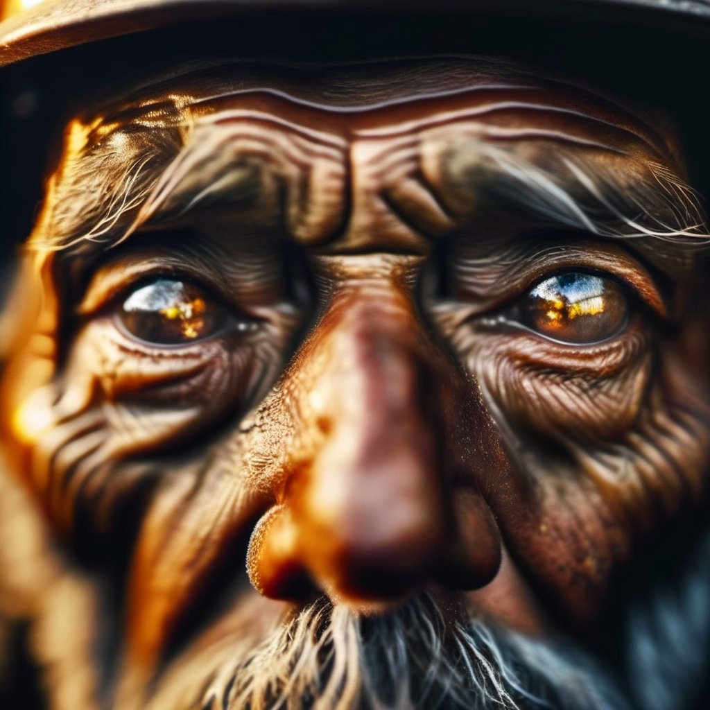 An extreme closeup shot of an old coal miner, eyes unfocused, and face illuminated by the golden hour