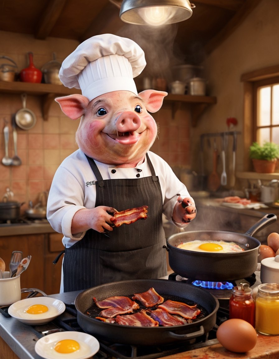 A pig, wearing a chef's hat and apron, skillfully (frying bacon) and eggs in a sizzling pan. The pig is standing in a well-equipped kitchen with a smiling face, showcasing its culinary skills. The background features a cluttered countertop with various utensils and ingredients, adding to the charming atmosphere of the scene. big eyes