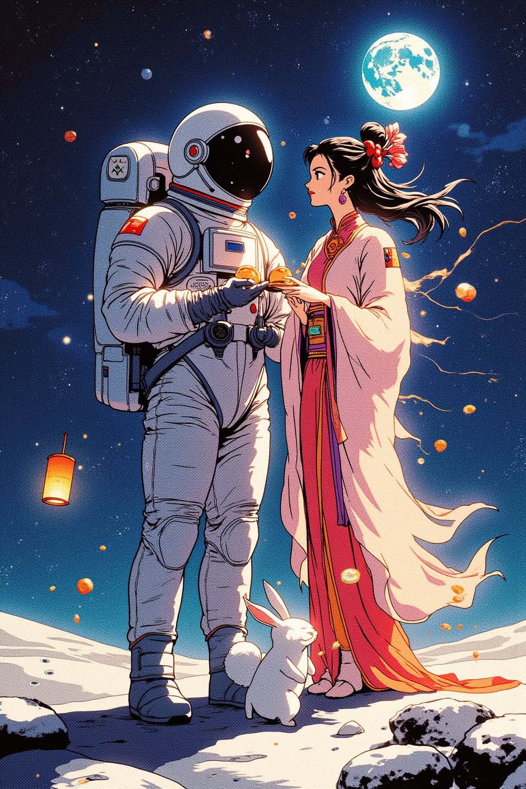 Prompt: Anime style by J.C. Leyndecker. lyn. iam. ando. An astronaut celebrating the Moon Festival on the surface of the moon with Chang'e, the moon goddess, and the Jade Rabbit. The astronaut is in a modern spacesuit, holding a mooncake, while Chang'e stands beside him, wearing traditional, flowing robes with a soft, glowing aura. The Jade Rabbit hops playfully around them. They are surrounded by a serene lunar landscape, with Earth glowing in the starry sky behind them. A small floating lantern adds to the festive atmosphere. The overall scene blends elements of Chinese mythology with a futuristic space setting.,