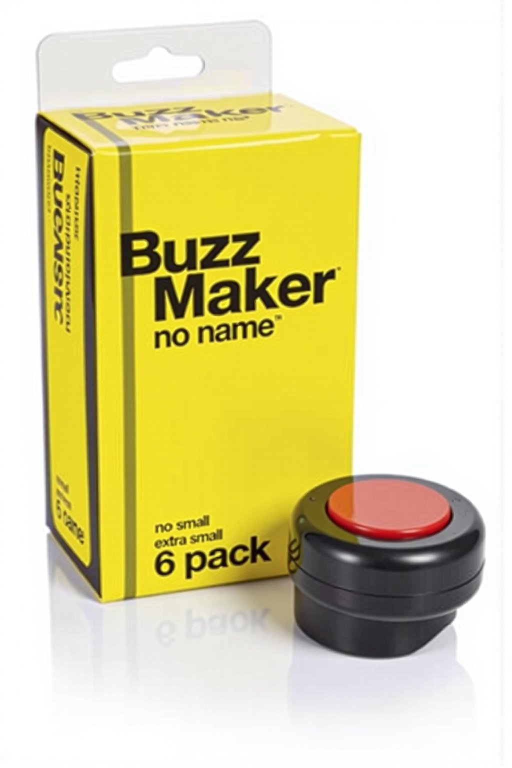 This is a photograph of a packaging box for buzz noise maker. The box is rectangular with a bright yellow background and a black border, displaying a minimalist design. The front of the box features prominent black bold text "Buzz", and "Maker" below in a slightly larger, bolder font. Below this, in smaller text, it reads "no name" in black. The dimensions are specified as Extra Small, and the brand name "6 Pack" is printed at the bottom right corner.  Next to the box is a black buzzer with a big red button